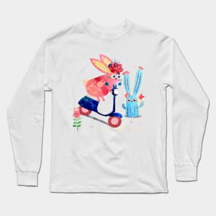 Pink Rabbit on a scooter Long Sleeve T-Shirt